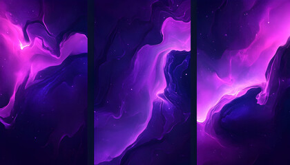 Fototapeta premium Abstract cosmic nebula, vibrant purple and dark blue hues, swirling gaseous clouds, digital art, fantasy background, three-panel triptych.