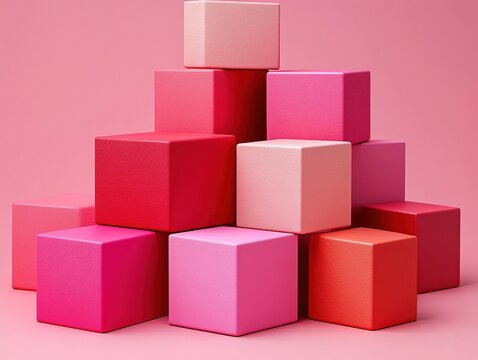 Fototapeta Stack of colorful pink cubes on pink background.