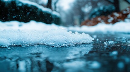 Beautiful close-up view of melting snow on a watery surface, showcasing delicate bubbles and winter scenery in a tranquil environment, ideal for seasonal themes