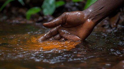 Fototapeta premium Person s Hand in Dark Brown Water Close Up Nature Stream River