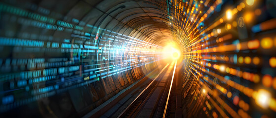 Obraz premium Vibrant Light Burst in a High-Speed Tunnel with Digital Patterns and Flare Effects