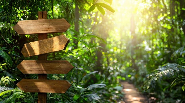 Exploring nature paths wooden signpost in lush jungle environment scenic viewpoint adventure concept