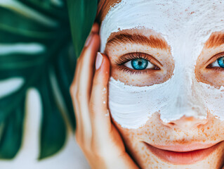 Fototapeta premium Woman with clay mud on background with green palm leaves. Relaxing at home. Beauty self care. Skincare and facial treatment concept. Natural organic cosmetic products. Spa wellness treatment concept.