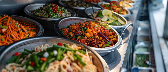 Fototapeta premium Colorful Assortment of Fresh Salads and Vegetables Displayed in Metal Bowls at a Food Stall
