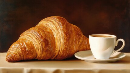Fresh Croissant and Cup of Coffee on Table with Brown Background