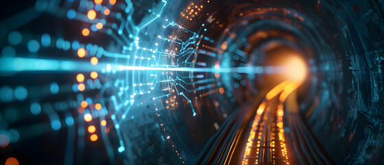Fototapeta premium Futuristic digital tunnel with glowing lights and data streams representing advanced technology and connectivity