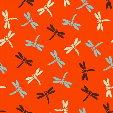 motif de tuile sans couture de style japonais avec des libellules en rouge bleu marron