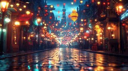 Obraz premium Night street scene with colorful lanterns and wet cobblestone road.