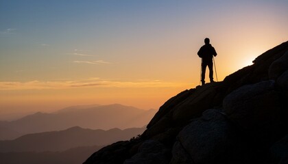 Obraz premium Silhouette image of a climber feeling a sense of accomplishment looking down from the summit