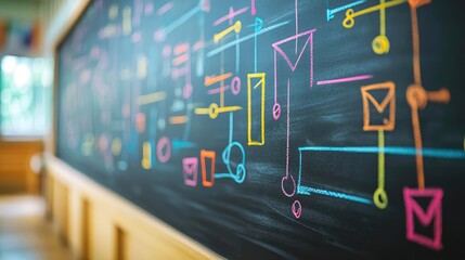 Chalkboard abstract background idea. Colorful chalkboard with vibrant diagrams and symbols for educational purposes.
