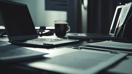 A clean desk in a corporate office, with a laptop, business documents, and a cup of coffee, giving a professional and organized feel.