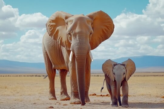 Elephant and calf walking in savannah, showcasing natural wildlife and conservation, environment protection concept