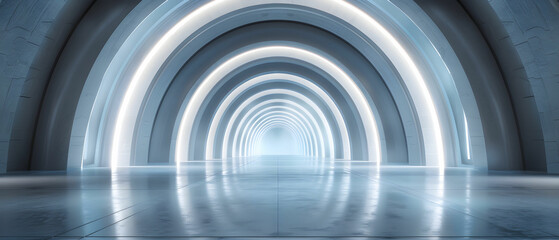 Obraz premium Futuristic Architectural Interior with Bright Arches and Reflections in a Modern Space