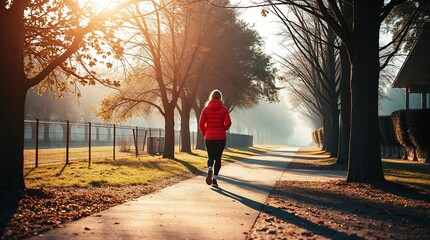 Woman jogging on a tree-lined path under soft morning sunlight
