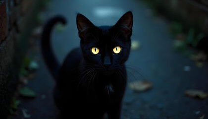 Detalle de gato negro de ojos brillantes en ambiente oscuro
