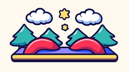 Cartoon winter landscape with two red hills, evergreen trees, clouds, and stars.