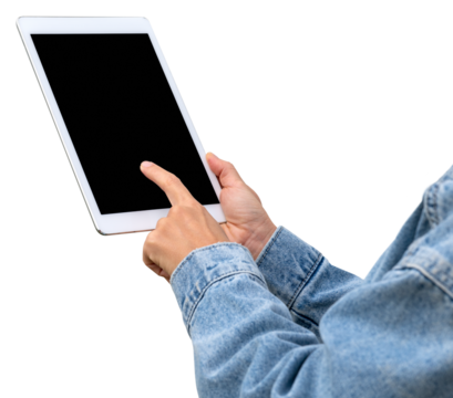 Mockup of unrecognisable person in denim sleeves using a digital tablet