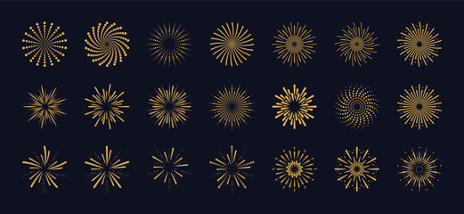 Exploding festival fireworks set. Flat style. Design concept for holiday banner, poster, flyer, greeting card, decorative elements. Vector illustration