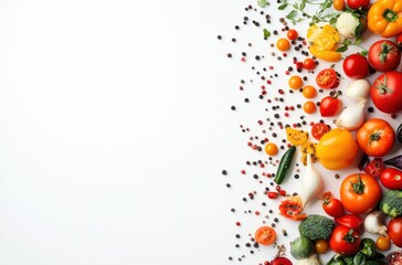Fresh and Colorful Arrangement of Various Vegetables and Fruits with Bright Colors Displayed Over a White Background for Healthy Lifestyle Concepts