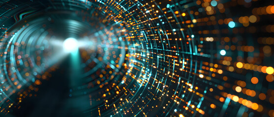 Obraz premium Abstract Light Tunnel with Glowing Particles and Lines Representing Data Transmission and Digital Connectivity