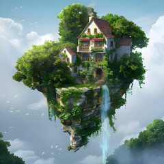 Enchanted Floating Island House with Waterfall and Dreamy Sky in a Magical Fantasy Setting