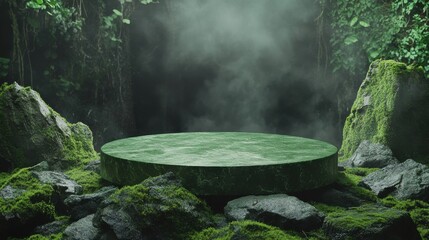 Mystical green stone platform in foggy forest environment with lush foliage