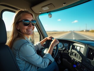 Smiling woman driving a van on a wide highway under a clear blue sky
