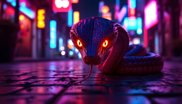Serpiente malvada de ojos brillantes en la calle de una ciudad de noche, con luces de ne&oacute;n y carteles iluminados.