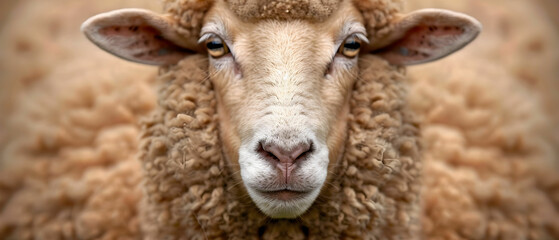 Fototapeta premium Close-Up Portrait of a Sheep with Thick, Soft Wool and Intense Eyes Capturing the Essence of Farm Life and Rural Beauty