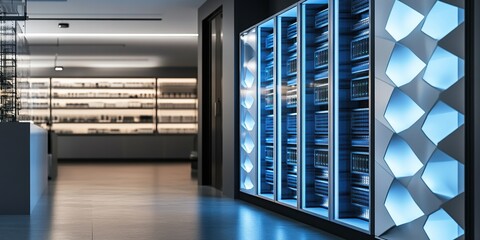 Obraz premium Modern Data Center Interior: Sleek Server Racks and Futuristic Design