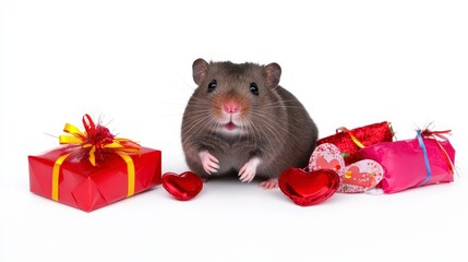 Adorable Hamster with Valentine s Day Gifts and Red Hearts
