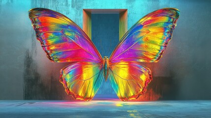 Iridescent Butterfly Before Open Doorway
