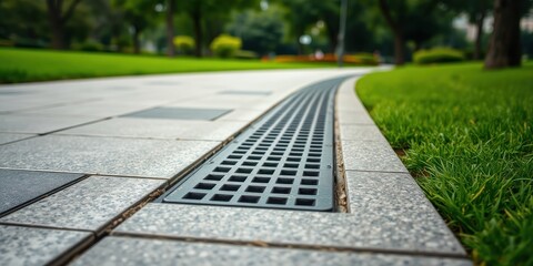 Curved pathway drainage system with square grid grate, nestled between meticulously manicured lawn and granite tile pavement