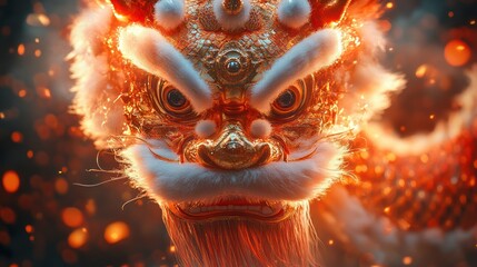 Fiery golden lion dance costume close-up.