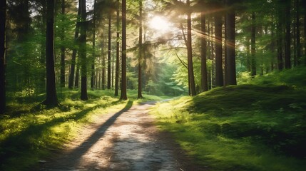 Fototapeta premium Sunlit Forest Path A Serene Woodland Walkway