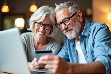 Obraz premium Happy Senior Couple Using Laptop and Smartphone Together at Home - Perfect for Aging, Retirement, and Tech Themed Projects