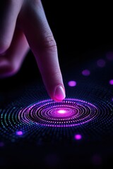 A close-up of a finger touching a vibrant digital display with concentric circles and glowing dots.