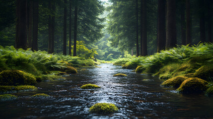 Obraz premium Photography of an untouched, wild forest with a river running through it, framed by tall trees and surrounded by lush ferns and mossy rocks.