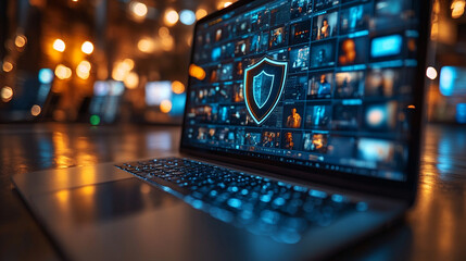 Shield Icon Displayed on a Laptop Amidst a Vibrant Workspace Showcasing Various Digital Media Elements