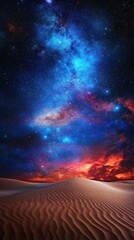 Explore the mesmerizing beauty of a desert landscape under a vibrant, swirling night sky filled with stars and cosmic colors, evoking a sense of wonder and tranquility.