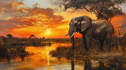 Fototapeta premium Majestic Elephant at Sunset by Watering Hole