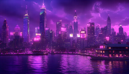Obraz premium Vibrant purple cityscape at night, reflecting on calm water. Neon lights illuminate skyscrapers and waterfront buildings.