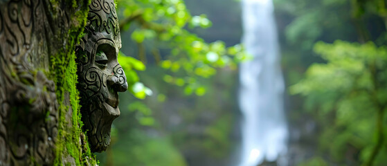 Obraz premium Enigmatic Stone Mask Overgrown with Moss Near Majestic Waterfall in Lush Green Forest