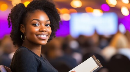 A young woman with a natural hairstyle, smiling while holding a clipboard in a conference setting with vibrant lights.