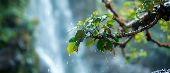 Fresh Green Leaves with Raindrops Amidst a Majestic Waterfall in a Lush Rainforest Environment