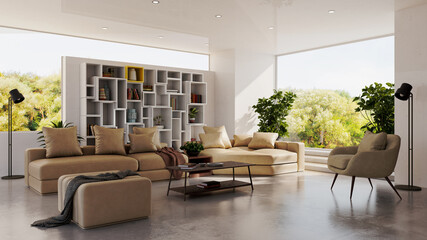 Large luxury modern bright interiors Living room mockup illustration 3D rendering image