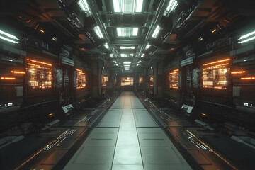 Obraz premium Futuristic spaceship corridor, sleek design, glowing orange screens, metallic textures, sci-fi interior, long hallway, digital displays, modern technology.