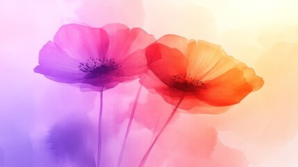 Fototapeta premium Abstract Watercolor Poppy Flowers Background in Pastel Rainbow Hues With Space For Your Text
