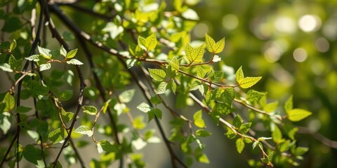 Vibrant New Spring Leaves on a Branch in Sunlight