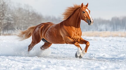 Obraz premium Chestnut horse running in snowy field.